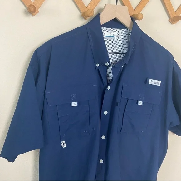 COLUMBIA PFG | Navy Blue Button Down Short Sleeve Fishing Shirt Size Large - Picture 2 of 10